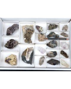 Foitite (xls), Smoky Quartz xls, Amethyst xls; Brandberg, Namibia; 1 flat; unique
