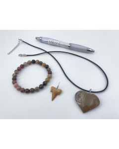 Fossils jewelry set; with bracelet, chain and 2 pendants; 1 piece