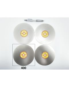 Diamond lap; 20 cm (8") diameter, 400 grit , approx. 1.2 mm (1/20”) thickness, 12.7 mm (1/2”) arbor size; 1 piece
