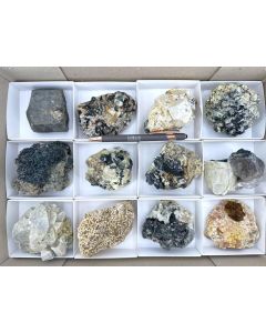 Aegirine xls, Feldspar xls, Zircon (UV) xls, Siderite xls, Smoky Quartz xls; partly UV-active; Mt. Malosa, Zomba, Malawi; 1 unique flat (435)