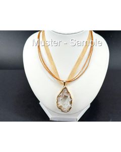 Organza-Kette mit Achat-Drusenscheiben Anhänger; hellbraun/goldfarben; 1 Stück