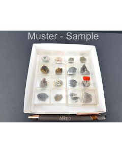 Gemischte Mineralien xx; Grube Friedrichssegen, Bad Ems, Rheinland-Pfalz, Deutschland; 16 Micromounts; 1 Partie