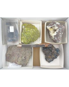 Mineralien gemischt; Tsumeb, Namibia; Ilse Baer Sammlung; 1 Halbformat Steige, Unikat (10931)