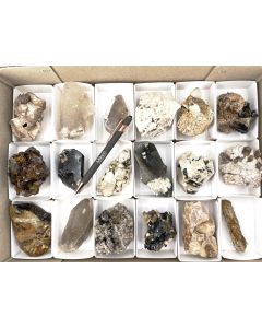 Aegirine xx, Zircon xx, Feldspar xx, Smoky Quartz xx, Siderite xx; on matrix; Mt. Malosa, Zomba, Malawi; 1 unique flat (74)