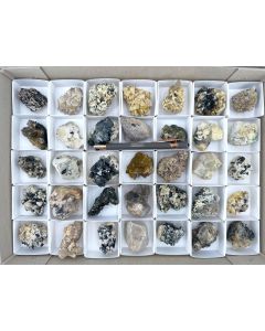 Aegirine xls, Zircon (UV) xls, Feldspar xls, Smoky Quartz xls, Siderite xls, Riebeckite xls; partly UV-active; Mt. Malosa, Zomba, Malawi; 1 unique flat (413)