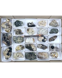 Aegirine xls, Zircon (UV) xls, Feldspar xls, Smoky Quartz xls; partly UV-active; Mt. Malosa, Zomba, Malawi; 1 unique flat (420)