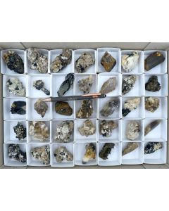 Aegirine xls, Zircon (UV) xls, Pyrochlore xls, Smoky Quartz xls, Siderite xls; partly UV-active; Mt. Malosa, Zomba, Malawi; 1 unique flat (425)