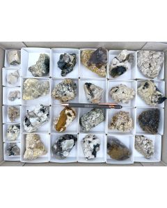 Aegirine xls, Riebeckite xls, Smoky Quartz xls, Feldspar xls; Mt. Malosa, Zomba, Malawi; 1 unique flat (439)