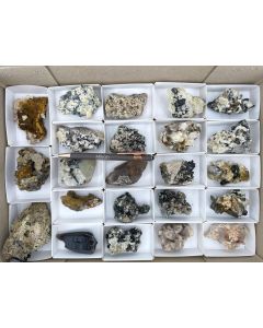 Aegirine xls, Zircon (UV) xls, Feldspar xls, Smoky Quartz xls; partly UV-active; Mt. Malosa, Zomba, Malawi; 1 unique flat (455)