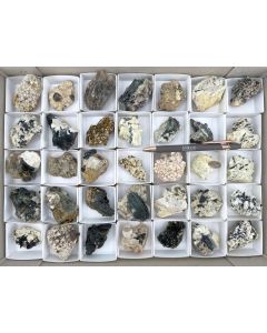 Aegirine xls, Feldspar xls, Zircon (UV) xls, Smoky Quartz xls, Pseudomorph xls; partly UV-active; Mt. Malosa, Zomba, Malawi; 1 unique flat (478)