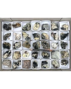 Aegirine xls, Feldspar xls, Zircon (UV) xls, Smoky Quartz xls; partly UV-active; Mt. Malosa, Zomba, Malawi; 1 unique flat (479)