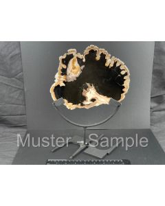 Holzscheibe, fossiles (versteinertes) Holz, klein, beidseitig poliert mit einem Metallständer; Indonesien