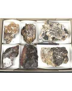 Wulfenite xls, Coronadite xls, Calcite xls; Silver Bill Mine, Arizona, USA; 1 flat; unique
