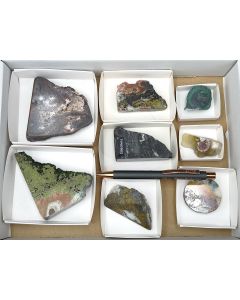 Mineralien gemischt; Anschliffe; Tsumeb Mine, Namibia; Ilse Baer Sammlung; 1 Halbformat Steige; Unikat