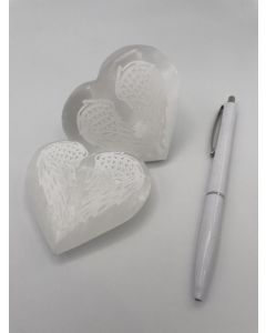 Selenite heart, white, polished, engraved, "wings", approx. 7 cm, 1 piece