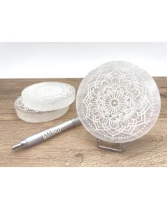 Selenite, white, disc, "Mandala", round, engraved, polished, 10 cm, 1 piece