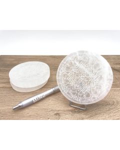 Selenite, white, disc, "Herz Mandala", round, engraved, polished, 10 cm, 1 piece