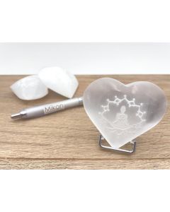 Selenite heart, white, polished, engraved, "Meditation", approx. 7 cm, 1 piece