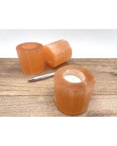 Selenite tealight, candle light holder, orange, round, polished, 8-10 cm, 1 piece
