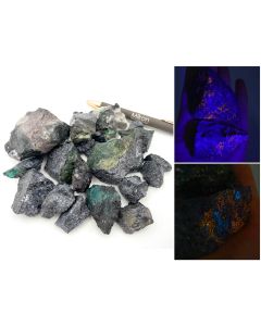 Galena (galenite), manganocalcite; UV fluorescent (short + long wave), Khorixas, Namibia; 500 g