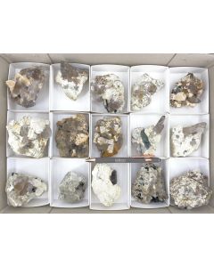 Smoky quartz xx, feldspar xx, on matrix; Mt. Malosa, Zomba, Malawi; 1 flat, unique specimen