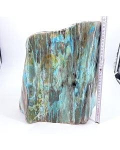 Fossil (petrified) wood, with chrysocolla and copper minerals, completely polished; Garut, Java, Indonesia; Single piece 29,1 kg