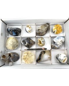 Chalcedony white, black, yellow, drusy, completely polished; Indonesia; 1 lot with 12 individual pieces