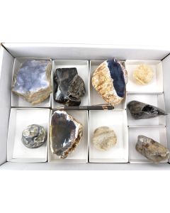 Chalcedony white, black, yellow, drusy, blue, polished; Indonesia; 1 lot with 9 individual pieces
