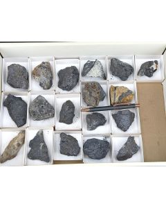 Silbermineralien, Pyrargyrit xx, Dyskrasit, Argyrodit xx, Canfieldit xx; Colquechaca, Bolivien; 1 Partie mit 18 Stück; Unikat