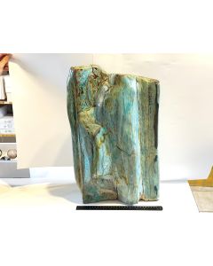 Fossil (petrified) wood, with chrysocolla and copper minerals, completely polished; Garut, Java, Indonesia; 33 kg; unique piece 