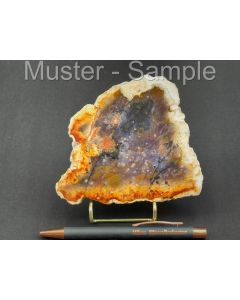 Fossilized (petrified) agate wood; slice; one side polished; with metal stand in gold; Galaxy; Sumatra, Indonesia; 1 piece