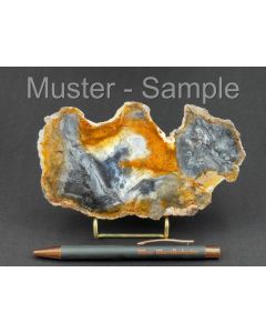 Fossilized (petrified) agate wood; slice; one side polished; with metal stand in gold; firestorm; Sumatra, Indonesia; 1 piece