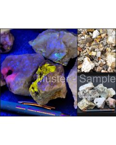 Powellit, Scheelit (UV!); Linka Mine, Lander County, Nevada USA;  10 kg