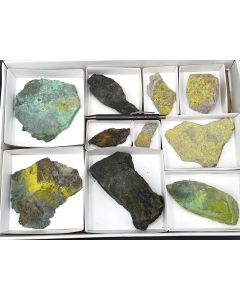 Pandorait, Zippeit, Phurcalit, xx, Pascoit xx; UV-aktiv; Pandora & Posey Mine, UT, USA; 1 Steige; Unikat