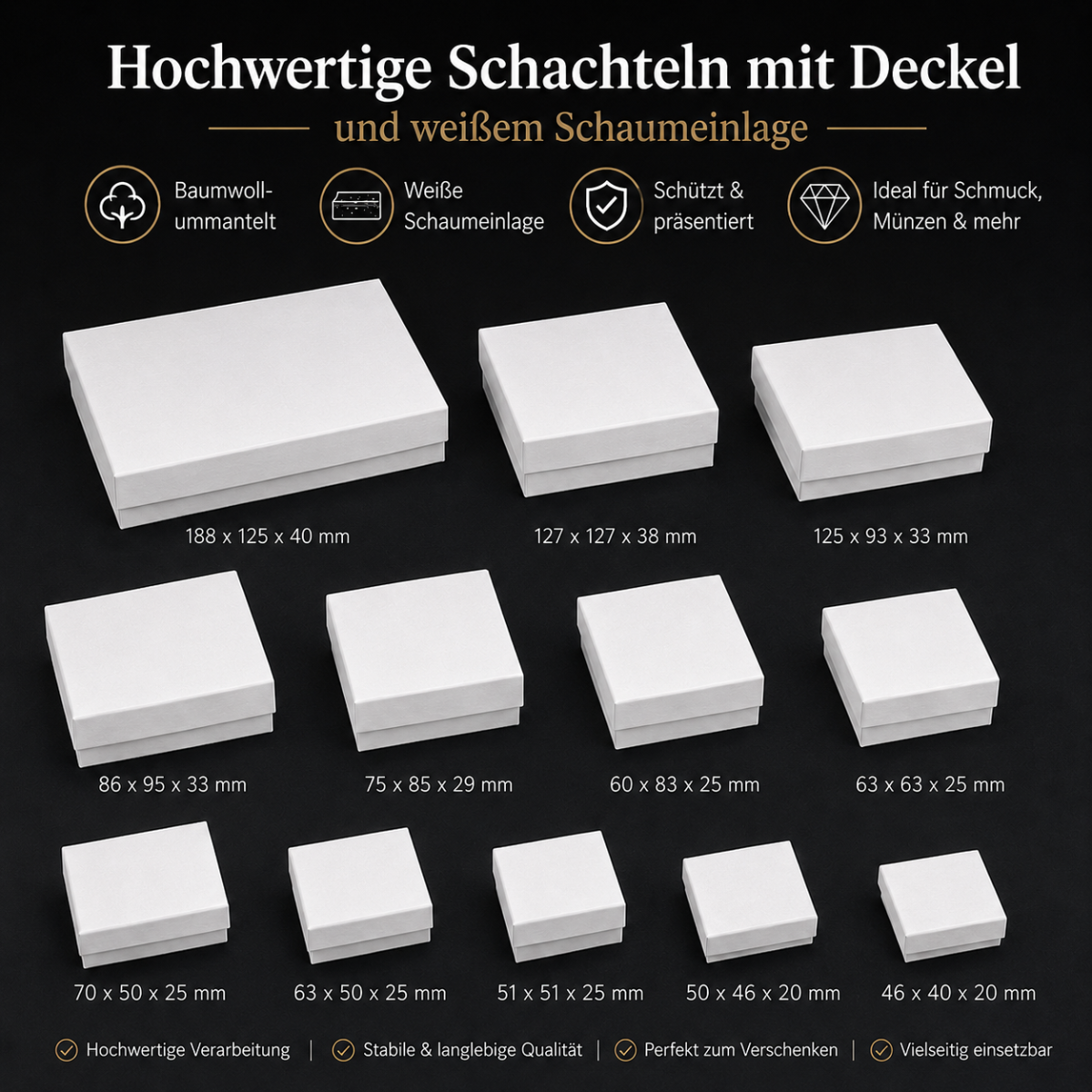 &Uuml;bersicht der Cotton Lined Boxes mit Ma&szlig;en