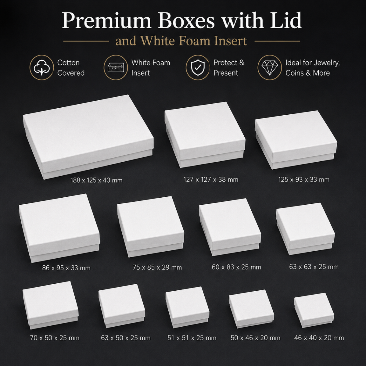 Overview of the cotton lined boxes with dimensions