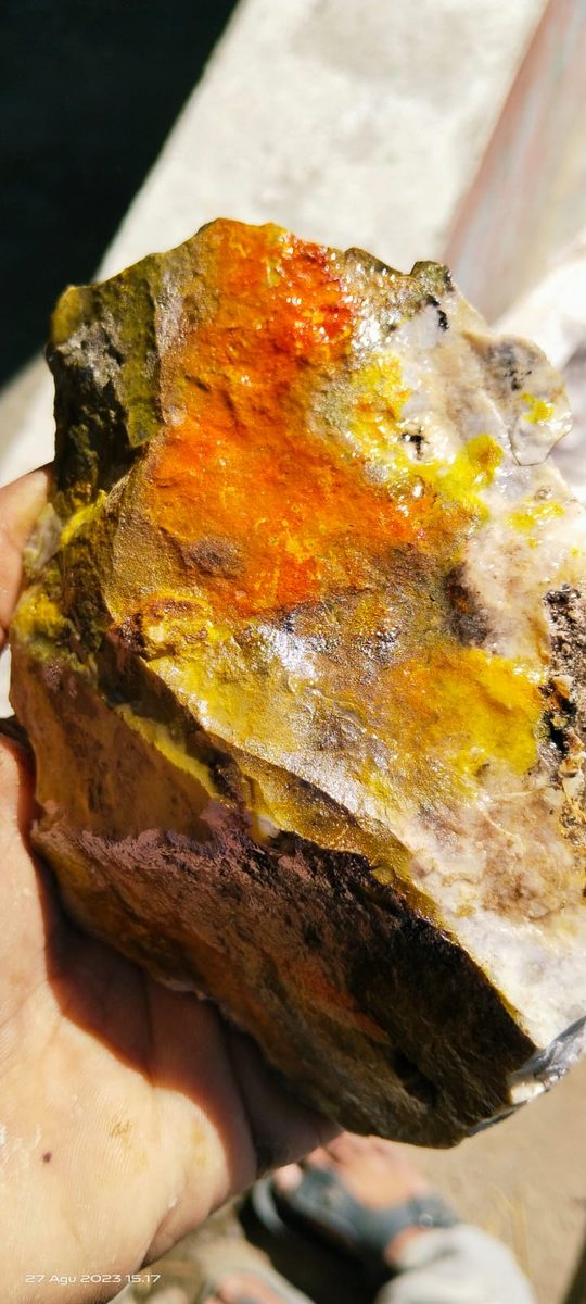 Indonesien: Auripigment in Quarz, der sog. „Bumble Bee Jasper“