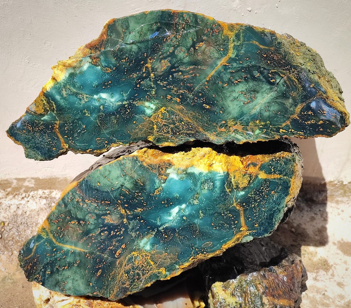 Indonesien: Verschiedene versteinerte Hölzer aus Garut, Java darunter viele mit Opal und/oder Chrysocoll